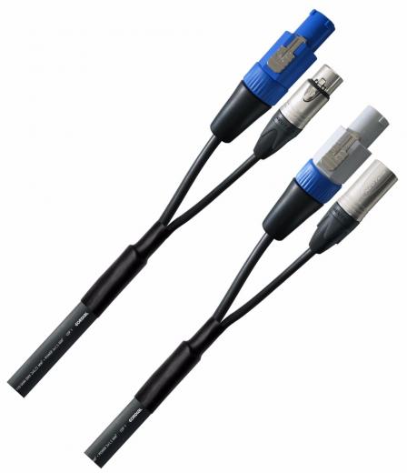 Cable DMX a PowerCon, XLR hembra 3 pines / PowerCON A (Azul) a XLR macho 3 pines / PowerCON B (Gris), Cable Cordial CDP1, Conectores Neutrik