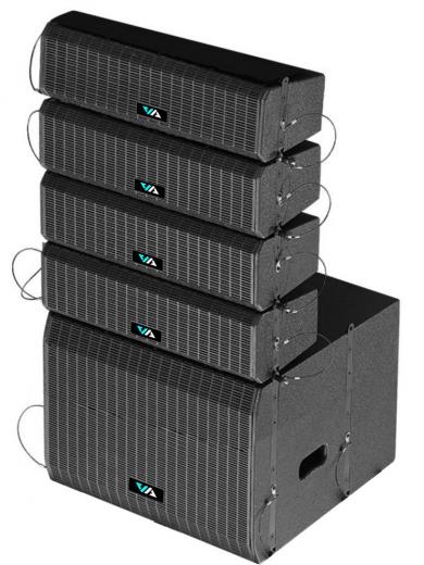 Sistema Combo Line Array de 2200W peak (4 módulos de 2 x 6” + HF 1,34” de 300W + sub de 15” de 1000W ), con DSP y flight case.