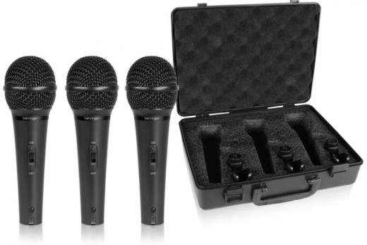 3 micrófonos dinámicos supercardioides para instrumentos y voces, filtros pop integrados e interruptores de encendido / apagado, adaptadores de soporte y un estuche de transporte
