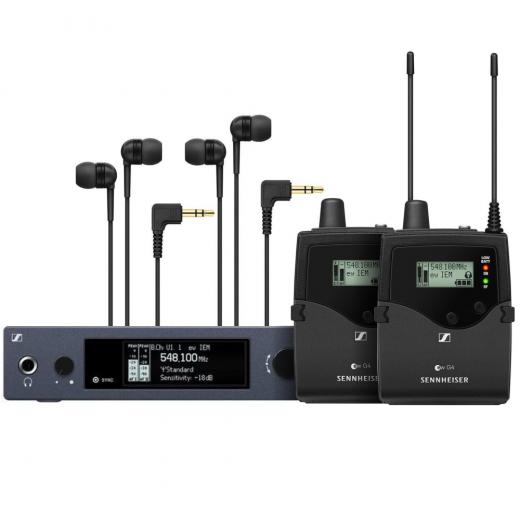Banda A ( 516-558 MHz ) Solución inalámbrica de monitoreo in-ear con transmisor SR IEM G4 para montaje en bastidor, 2 receptores de cuerpo EK IEM G4 y 2 auriculares IE4