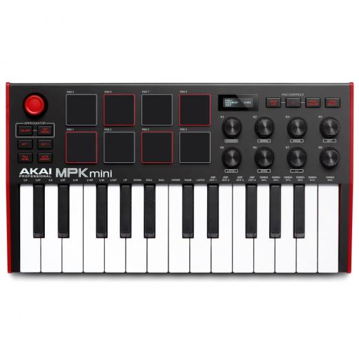 Controlador MIDI de 25 teclas con mini teclas de acción de sintetizador, joystick de 4 vías, 8 pads estilo MPC y 8 perillas de control