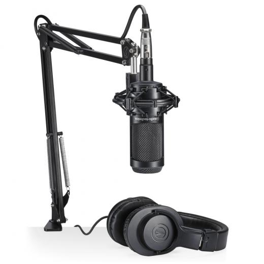 Pack de transmisión / podcasting con micrófono de condensador AT2035, auriculares ATH-M20x, brazo articulado, clip de micrófono, adaptador de rosca y bolsa de transporte