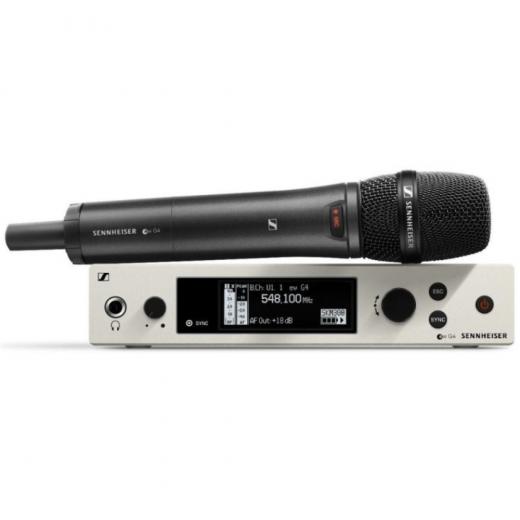 Sistema inalámbrico serie Evolution G4 100 con micrófono de mano SKM 100 G4-845-S con transmisor y receptor montable en rack EM 100 G4- Banda A1 (470-516MHz)