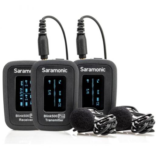 Sistema de micrófono Lavalier inalámbrico con 2 transmisores Blink 500 Pro TX, receptor dual Blink 500 Pro RX, 2 micrófonos Lavalier SR-M1, estuche de carga B1 y accesorios