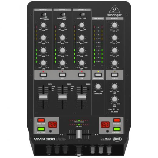 Mezclador de DJ profesional de 3 canales con interfaz de audio / USB, contador de BPM y control de VCA
