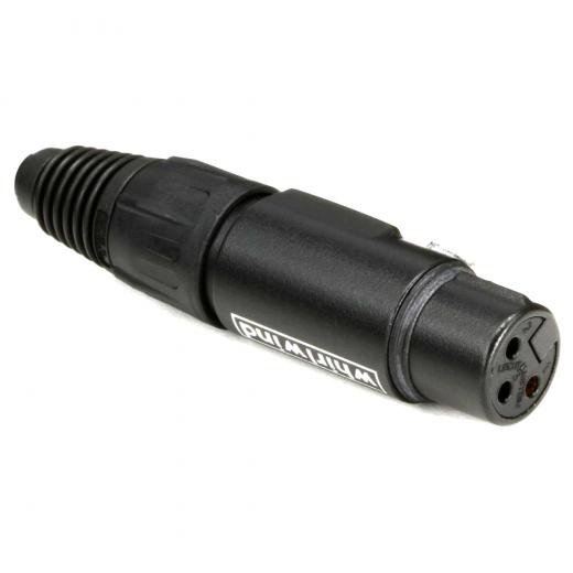 Conector XLR hembra línea Whirlwind negro, codificado por colores, proporciona alivio de tensión y tiene un área de etiquetado.