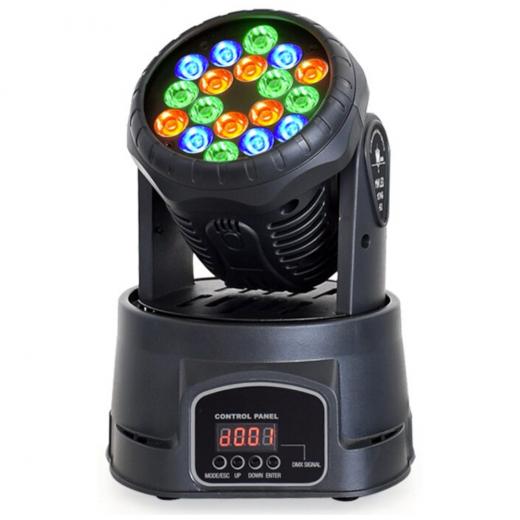 Fuente de luz 18×3W LED (R:6 G:6 B:6), Ángulo de haz: 25º, Control por activación de sonido, automático, maestro/esclavo, DMX512, Canales DMX 8CH/13CH