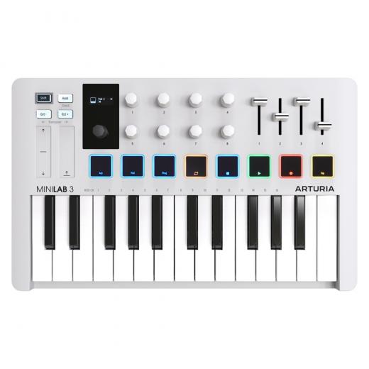 Controlador de teclado MIDI USB-C, 25 notas, 8 codificadores, 8 pads retroiluminados RGB sensibles a la velocidad/presión, 4 controles deslizantes, 2 tiras táctiles capacitivas, control de tono/mod, arpegiador, entrada de control externo.