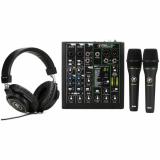 Incluye el mezclador de 6 canales ProFX6v3,  un par de micrófonos dinámicos EM-89D para voces, auriculares cerrados MC-100 