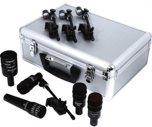 Kit de 5 micrófonos dinámicos hiper/cardioides con clamps D-Vice. Incluye 1 D6 (bombo), 1 i5 (caja), 2 D2 (toms) y 1 D4 (tom de piso). Hecho en USA.
