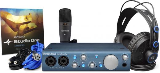 Interfaz USB de 2 canales, auriculares, micrófono de condensador, cable de micrófono, cable USB y DAW de artista PreSonus Studio One